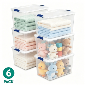 66 Quart Clear Plastic Storage Container with Clear Lid, Blue Latch (Pack size: 6 Pack)
